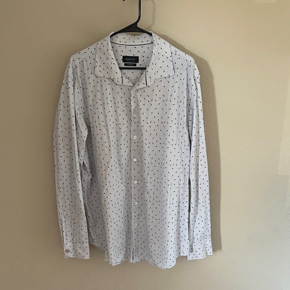 Bugatti Men's blue Button-Up Shirt with tiny guitars